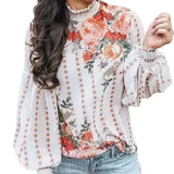 Queens Women Ruffled Floral Print Bohemian Blouse Ladies Lantern Sleeve Chiffon Tops Boho
