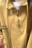 High Collar Yellow Print Street Hoodies Women Long Sleeve Pullovers Vintage Zipper Loose Sudadera Harajuku Sweatshirt