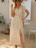 Queens Women Floral Print Cross V-neck Beach Bohemian Maxi Dress Ladies Ruffles Boho Pleated