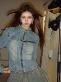 Short Coat for Women Autumn New Burrs Slim Slim-Fit Zipper Long Sleeve Blue Jean Jacket