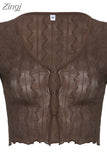 Y2K Vintage Fashion Brown Crop Top Sexy Skinny Summer T-shirts Women See Through Frill 90s Aesthetic Cute Preppy