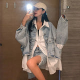 Spring Autumn Long Sleeve Stitching Design Trendy Women Shirt+sleeveless All-match Denim Jacket 2 Piece Set Casual