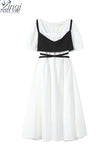 Women Casual Black Strap Vest And Blouse High Waist Short Sleeve Dress 2023 Summer Chic Fashion Korean Two Piece Dress