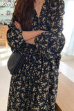 Korean Long Sleeve Chiffon Floral Dress Women Casual Femme V-neck Long Dresses Ladies New Arrival Vestidos Dress