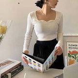 Knitted Pullovers Women Vintage Solid Sweaters Korean Elegant Slim Knitwear Autumn Winter Square Collar All Match