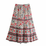 Queens Women Multi Floral Print Ethnic Beach Bohemian Skirt Ladies High Elastic Waist Rayon Cotton Boho Maxi