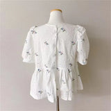 Vintage Embroidery Hollow Out Blouse Women Lace Flower Short Puff Sleeve Blusas White Shirts Summer Tops All Match