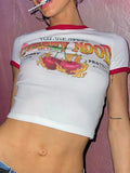 Kawaii Y2K Retro Patchwork Graphic Baby Tees Indie Aesthetics Cute Letter Cherry Print Ribbed Short Sleeve Crop Tops