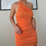 Blue One Shoulder Ruched Dress For Women Sleeveless Bodycon Mini Dresses Femme Clubwear Slim Party Dress