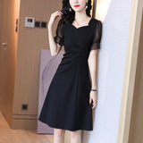 style retro black dress women square collar waist shirring midi a-line dresses office elegant intellectual vestido