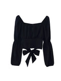 New Women Simple Cropped Tops Pleated Slim Sexy Female Long Puff Sleeve Bandage Bow Square Collar Vintage All-match