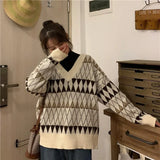 Harajuku Vintage Sweaters Women Argyle V-Neck Loose Y2k Pullovers Autumn Winter Casual Korean Lazy Wind Students Tops