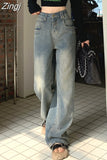 Women Y2k High Street Vintage Washed Jeans Straight American Loose Full Length Denim Wide Leg Pants Spring Pantalon