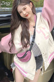 Sweet Hoodies Letter Long Sleeve Sweatshirts Harajuku Women Bomber Jackets Chic Pink Loose Baseball Coat Y2k Preppy