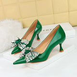 Zingj Korean Version Of Fashion Delicate Women's Shoes Wine Glass With High Heel Shallow Pointed Water Diamond Bow Banquet Single