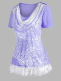 Women T-Shirt Lace Insert Cowl Front Ruffle Hem T Shirt Colorblock Fashion Women Tops Tees Punk