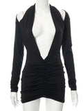 Black Deep V Neck Mini Dress For Women 2022 Summer Hollow Out Backless Full Sleeve Ruched Dresses Female
