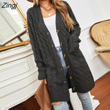 Women Long Cardigan Sweater Jacket 2021 Winter New Solid V-neck Pocket Button Knitwear Vintage Twist Cardigans