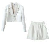 Elegant Ofiice Ladies Tweed White Notched Collar Spring Blazer Za Double Breasted Jacket Women Outerwear Chic Top Crop
