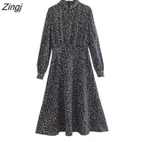 2022 Women Vintage Dots Print High Waist Midi Shirt Dress Female Chic Stand Collar Back Zipper A Line Vestidos