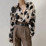 Print Button Up Shirts Women Korean Turn-Down Collar Long Sleeve Chiffon Blouse Streetwear Fashion Oversized 3Xl