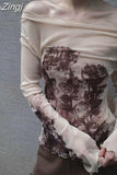 Print Slash Neck Tees American Retro Y2k Women Camisetas Long Sleeve Bottoming Streetwear Sexy Mesh Sheer Tshirts