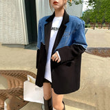 Vintage Denim Spliced Blazer Women's Autumn 2023 New Notched Loose Single Breasted Long Sleeve Suit Coat