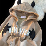 Horn Little Devil Letter Embroidered Zipper Hoodies Women Y2K Street Retro Trend Cardigan Couple Fashion