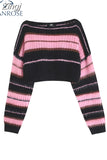 Korean Style Pink Cropped Sweater Women Striped Jumper Vintage Female 2023 Autumn Long Sleeve Crewneck Pullovers Tops