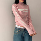 Ribbed Stripe Zipper Pullover Jacket-Outfit
