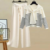 Winter Knitwear Two Piece Sets For Women Outfits Korean Casual Striped Knitted Sweater And Wide Leg Knitting Pants