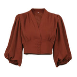 Retro Lantern Sleeve Womens Cropped Blouses Vintage Brick Red Tops Female Short Shirt V-Neck Slim Breasted Draped