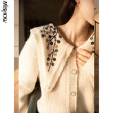 2021 Winter Cardigan For Women Long Sleeve Floral Turn Down Neck Solid Sweet Knitted Tops Female Clothing
