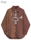 Fashion Women Corduroy Cute Embroidery Blouse Long Sleeve Lapel Collar Single Breasted Female Casual Baggy Tie Shirt