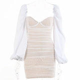 2022 Spring Double Layer Mesh Mini Dress Women Lantern Sleeve Ruched Bodycon Dress Clubwear Sexy Black Backless