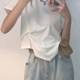 Women Summer Solid Pleated Design Tops O-neck Short Sleeve Loose All-match Korean Style Breathable Streetwear