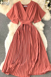 Women Purple/Red/Green Bandage Pleated Midi Dress Female Vintage V-Neck Short Sleeve High Waist A-Line Draped