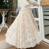White Black Lace Midi Skirts Female Summer Embroidery Mesh Long Saia 2021 Women'S Elegant Boho High Waist Pleated