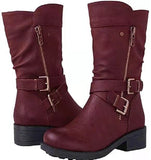 Women's Leather Boots Retro Belt Buckle Mid Calf Boots Round Toe 2022 Water Proof Casual Boots Women Botas De