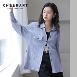 Texture Blue Striped Long Sleeve Shirt Fall 2021 Womens Fashion Button Up Collared Shirt Designer Top And Blouse