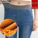 Winter Jeans Pants For Women Faux Denim Pencil Pants Warm Thickening Fleeces Hot Leggings Casual Legging Female