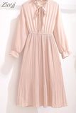 Women Dress Chiffon Elegant Vintage Bow Collar Long Sleeve Autumn Winter Midi Shirt Dresses 2023 Solid Slim Clothes