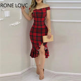 Women Plaid Off Shoulder Ruffle Hem Slit Dress Party Sexy Dress Elegant Fashion