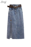 Style 2023 New Women's Long Split Denim Skirt Vintage High Wasit Jeans Skirt Female Straight Blue A-line Pencil