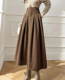 Women Woolen Skirts For Female Pockets Office Ladies Casual Loose A-Line High Waist Midi Skirt Autumn Winter Black