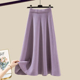 Knitted Two Piece Set Womens Outfits Korean Casual Turn Down Collar Long Sleeve Embroidery Knitted Sweater+skirts