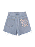High Waist Denim Short Women Summer Chic Pocket Printing Tassel Hole Ripped Jeans Short Femme Short Pants Women
