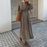 V-neck Single-breasted Female Long Dress 2020 Spring Elegant Long Sleeve Belted Women Dress Straight Loose