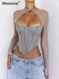 Sexy Hollow Out See Through Crop Top Women Outfits Summer Irregular Long Sleeve T-shirt Female Fashion Cropped
