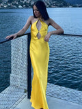 Elegant Satin Hollow Out Backless Maxi Dress For Women Gown Summer Halter Sleeveless Bodycon Long Party Dress